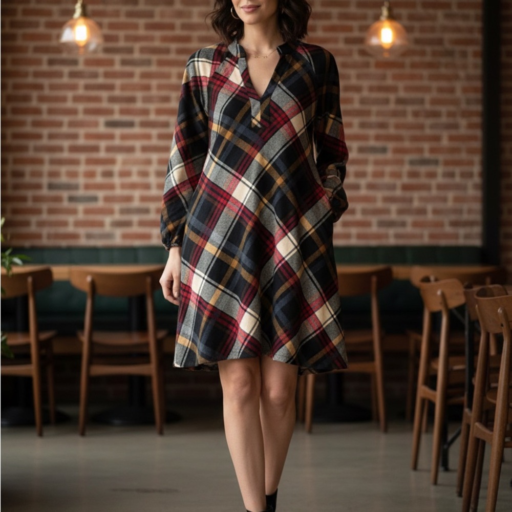 JH Plaid‎ V-Neck midi Dress
